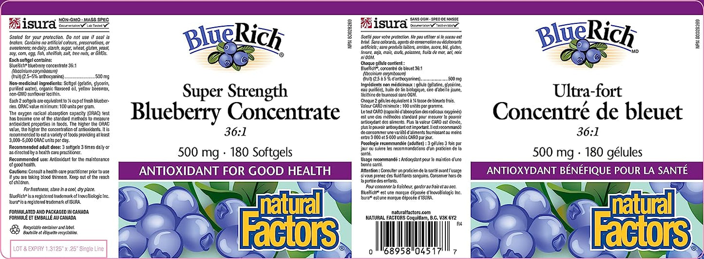 Natural Factors - BlueRich®Super Strength Blueberry Concentrate 500 mg, 180 Softgels ( S25 )