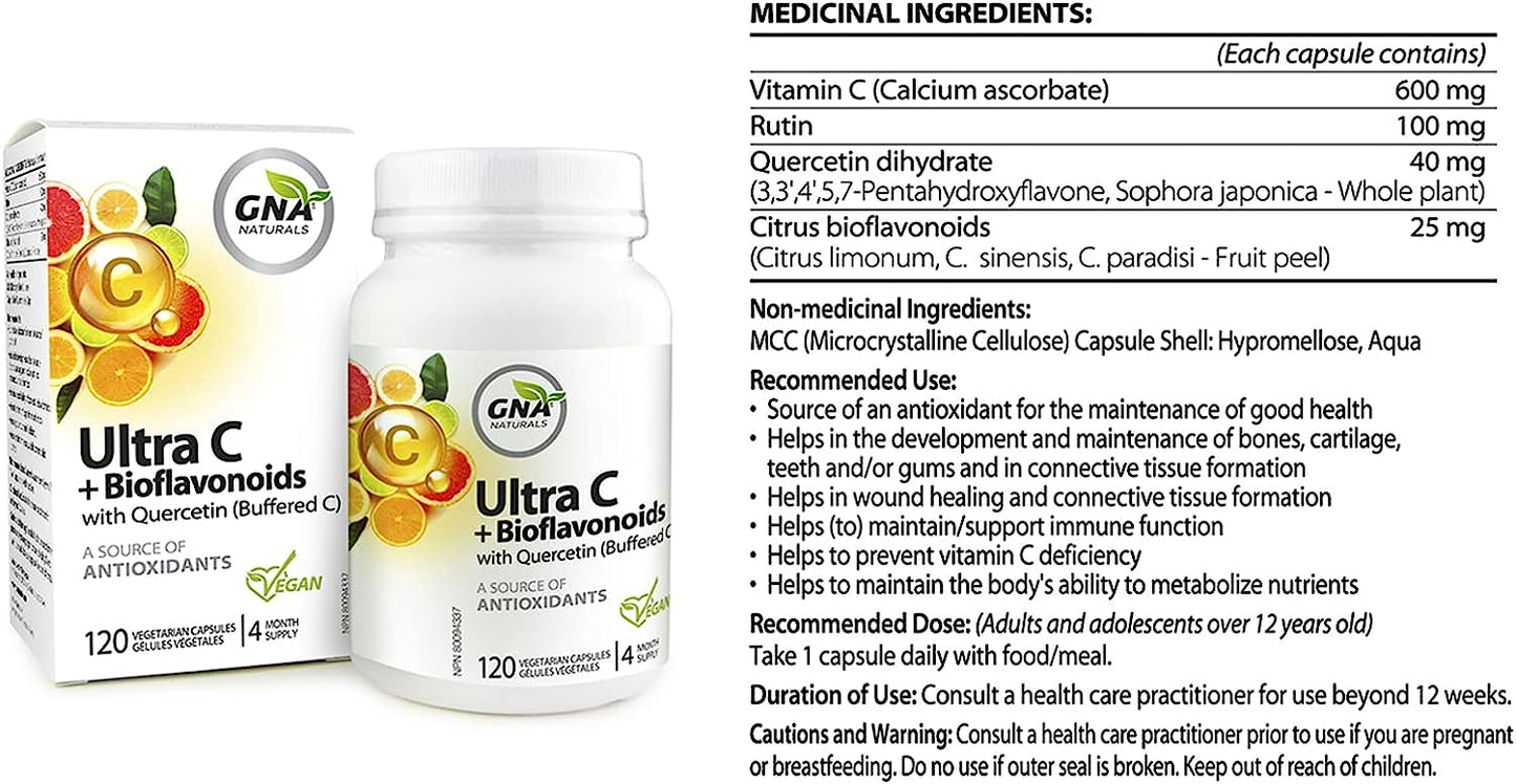 GNA Naturals Ultra Vitamin C 600mg + Bioflavonoids with Quercetin, 120 V-Caps 4 Month Supply, 120 Count ( S# Vitamin C )