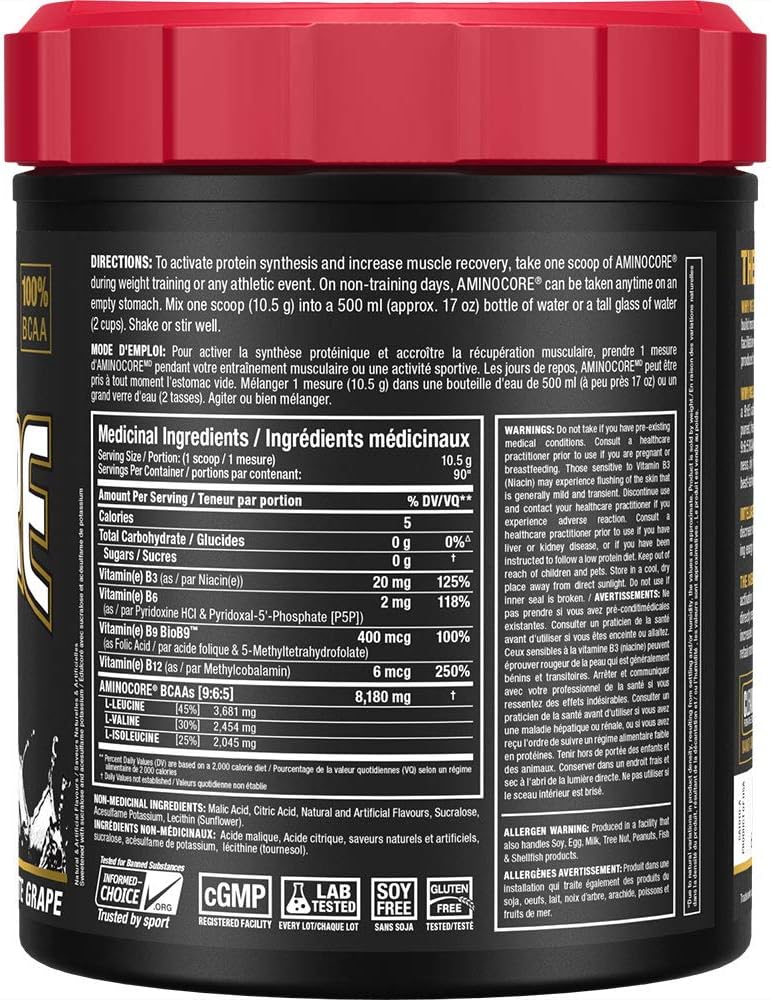 ALLMAX Nutrition - Aminocore BCAA - 8g BCAAs - 100% Pure Branch Chained Amino Acids - Gluten Free - White Grape - 945 Gram