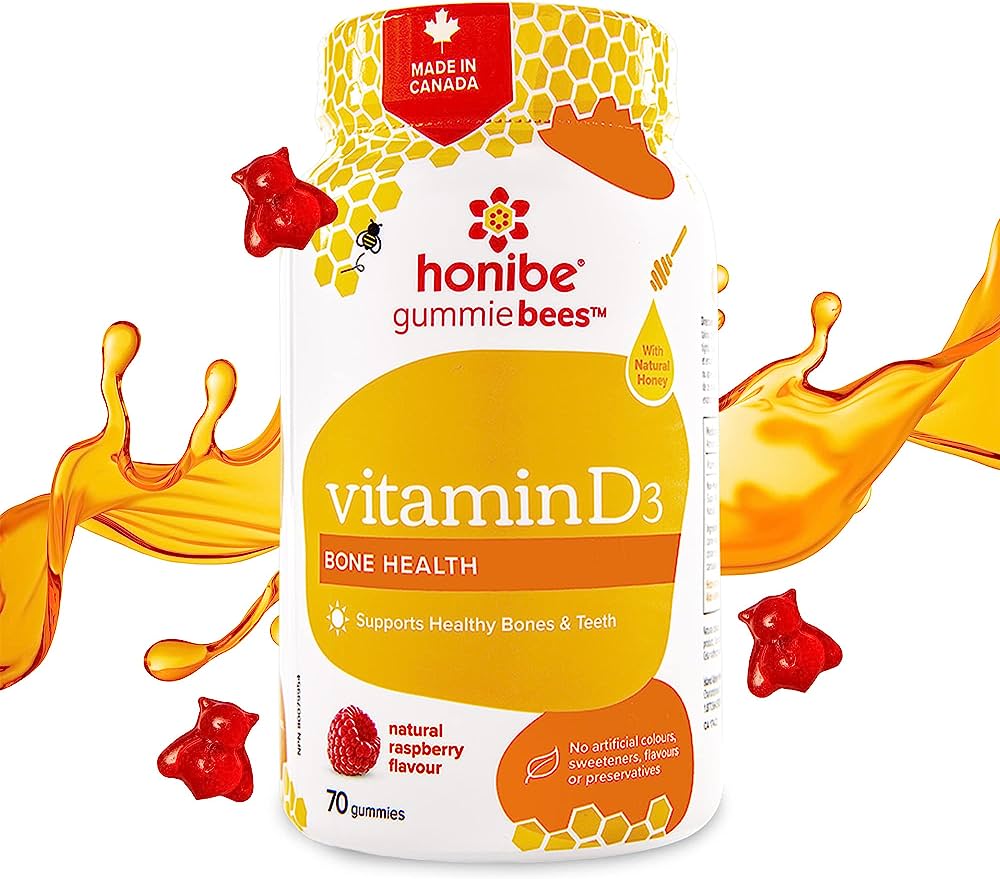Honibe Vitamin D Gummies for Kids and Adults | Honey-Based Vitamins Made in Canada | Vitamin D3 Helps Support Bone Health, Mood and Immune System Functions | Vegetarian Chewable Vitamin D Supplements | 70 gummies ( S04 )