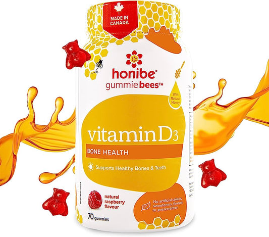 Honibe Vitamin D Gummies for Kids and Adults | Honey-Based Vitamins Made in Canada | Vitamin D3 Helps Support Bone Health, Mood and Immune System Functions | Vegetarian Chewable Vitamin D Supplements | 70 gummies ( S04 )